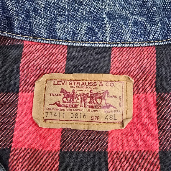VTG 80s LEVI'S 71411 0816 Buffalo Plaid Lined Denim 48L Trucker Jacket USA - Picture 3 of 16